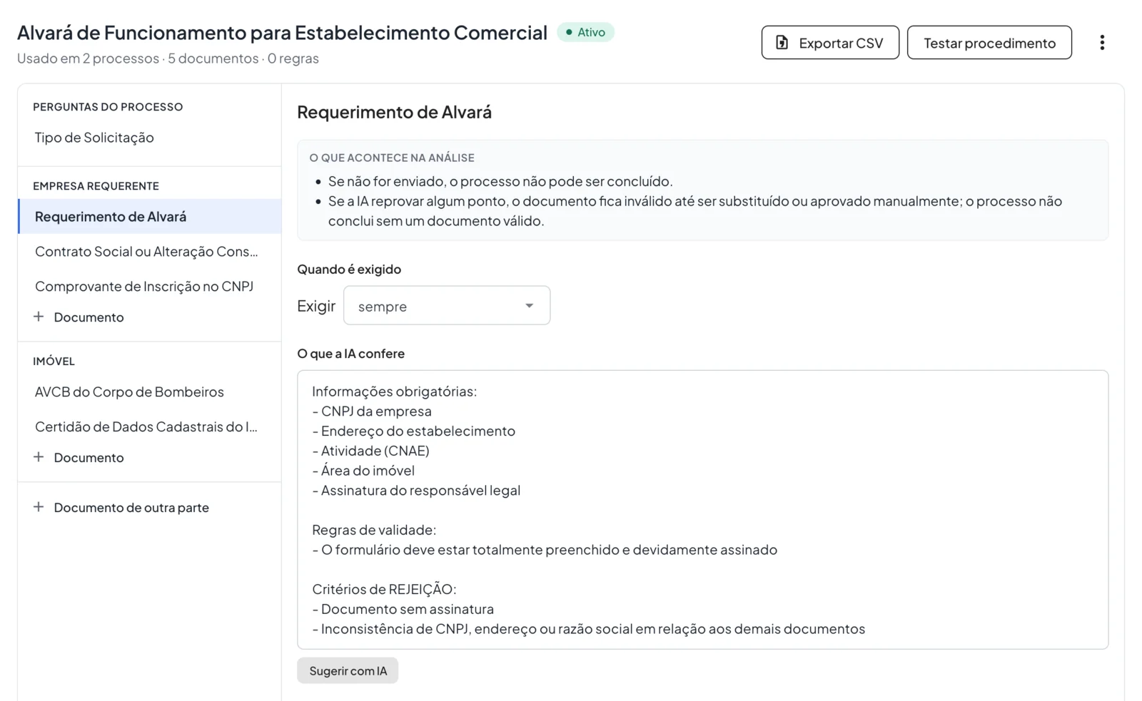 Editor de procedimento da Acta: documentos exigidos por parte e o que a Acta confere em cada um.