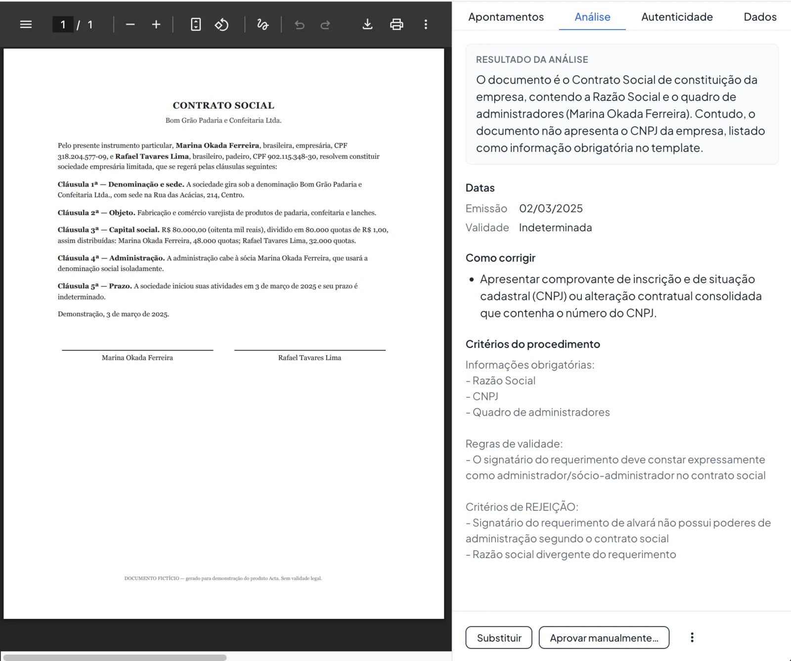 Tela de revisão da Acta: o documento à esquerda e, à direita, o resultado da análise e como corrigir.